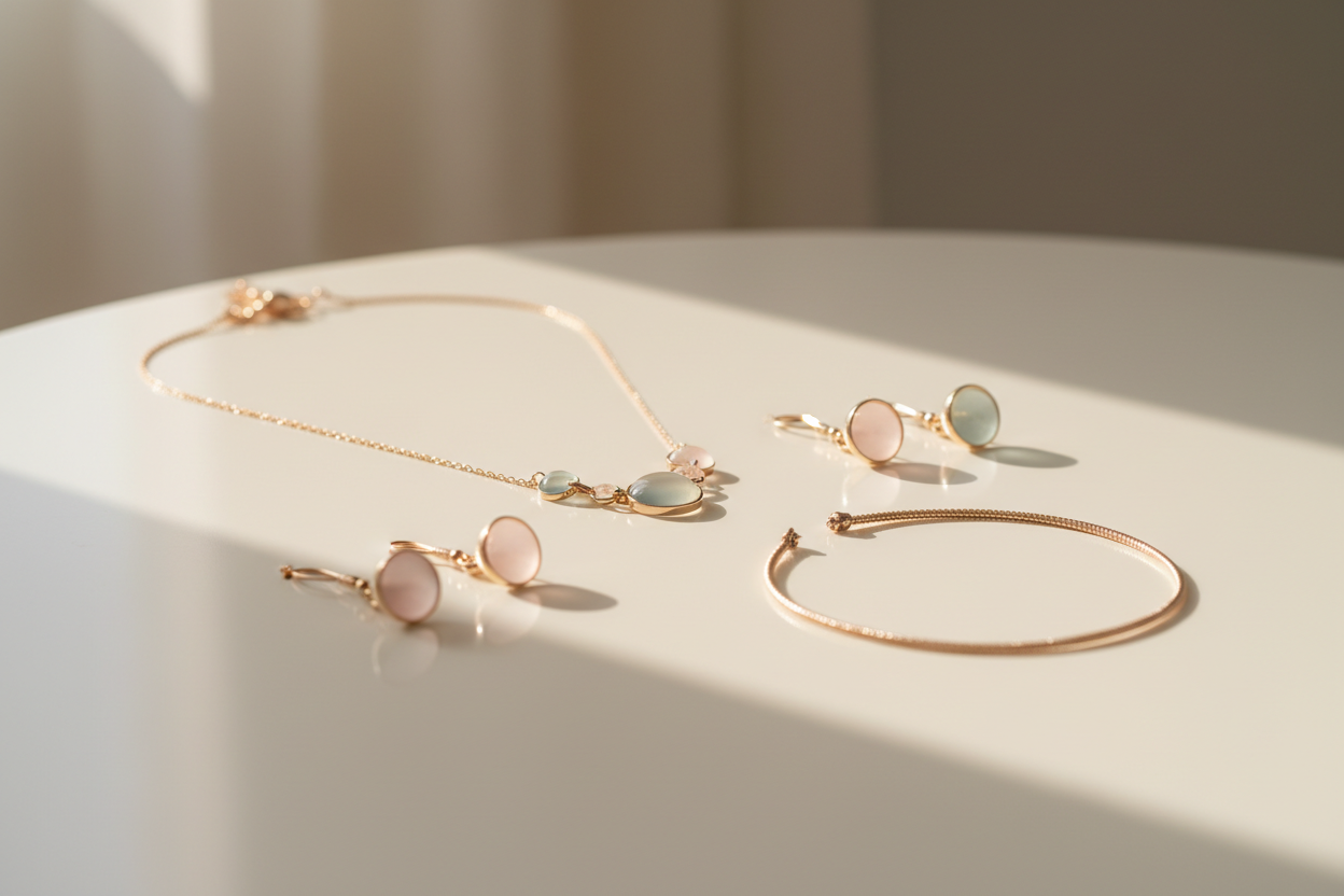 Elegant realistic jewelry displayed on a clean table,
soft pastel color palette with very light tones (ivory, beige, soft gold),
minimalist luxury style,
jewelry softly glowing with delicate reflections,
bright natural lighting, airy atmosphere,
subtle shadows, calm and refined mood,
the jewelry appears semi-transparent with 70% opacity,
high-end product photography, studio setup,
ultra-realistic, high resolution, 8K quality,
no people, no hands, no text, no logo.
