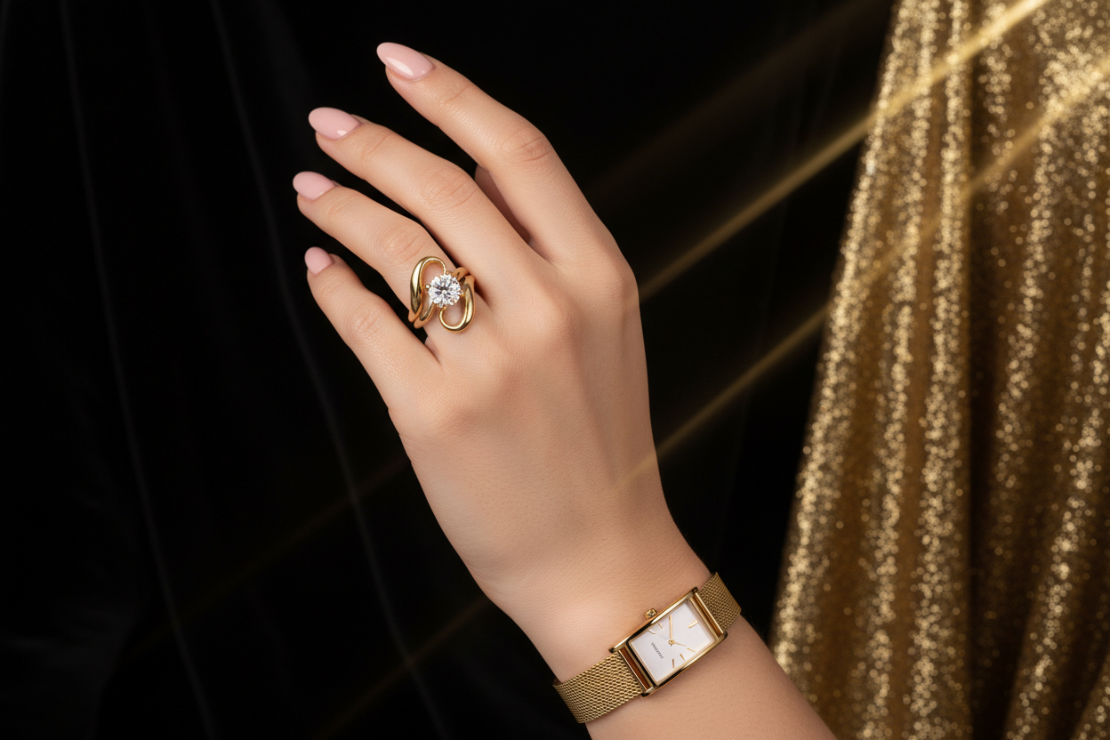 Ultra-realistic close-up of the exact same feminine hand,
same pose, same angle, same lighting, same background,
wearing an elegant gold ring on the ring finger,
and a luxury minimalist watch on the wrist,
well-groomed nails with nude or soft pink manicure,
black and soft gold luxury background,
studio lighting, soft reflections on jewelry,
high-end jewelry and watch photography,
extreme realism, 8K quality,
no text, no logo.
